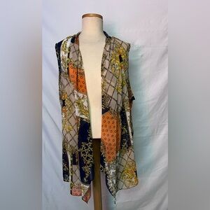 Susan Graver Baroque Print Open cardigan in Navy, Orange & Cream